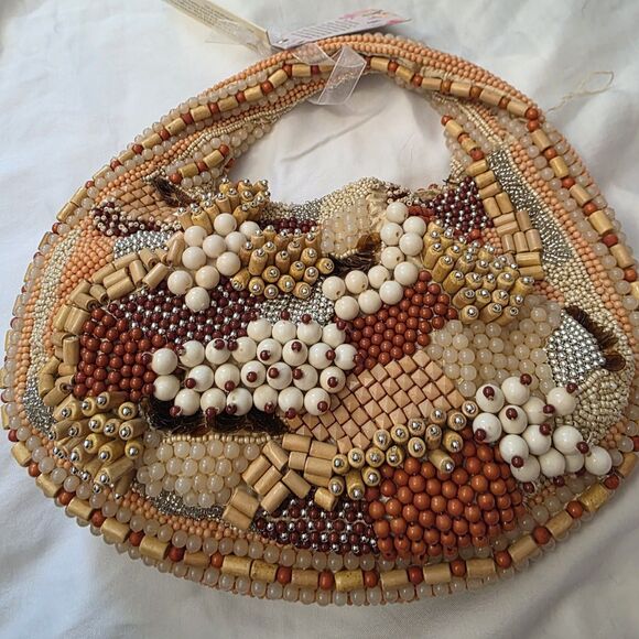 New w/ flaws Made In India Beaded Hand-Sewn Handbag Natural Boho Vacation Beach - Picture 6 of 12